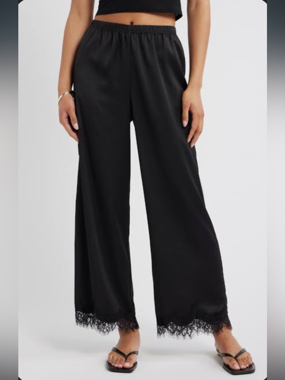 Vintage Lace Trimmed Black Satin Lounge Pants Frederick’s Of Hollywood